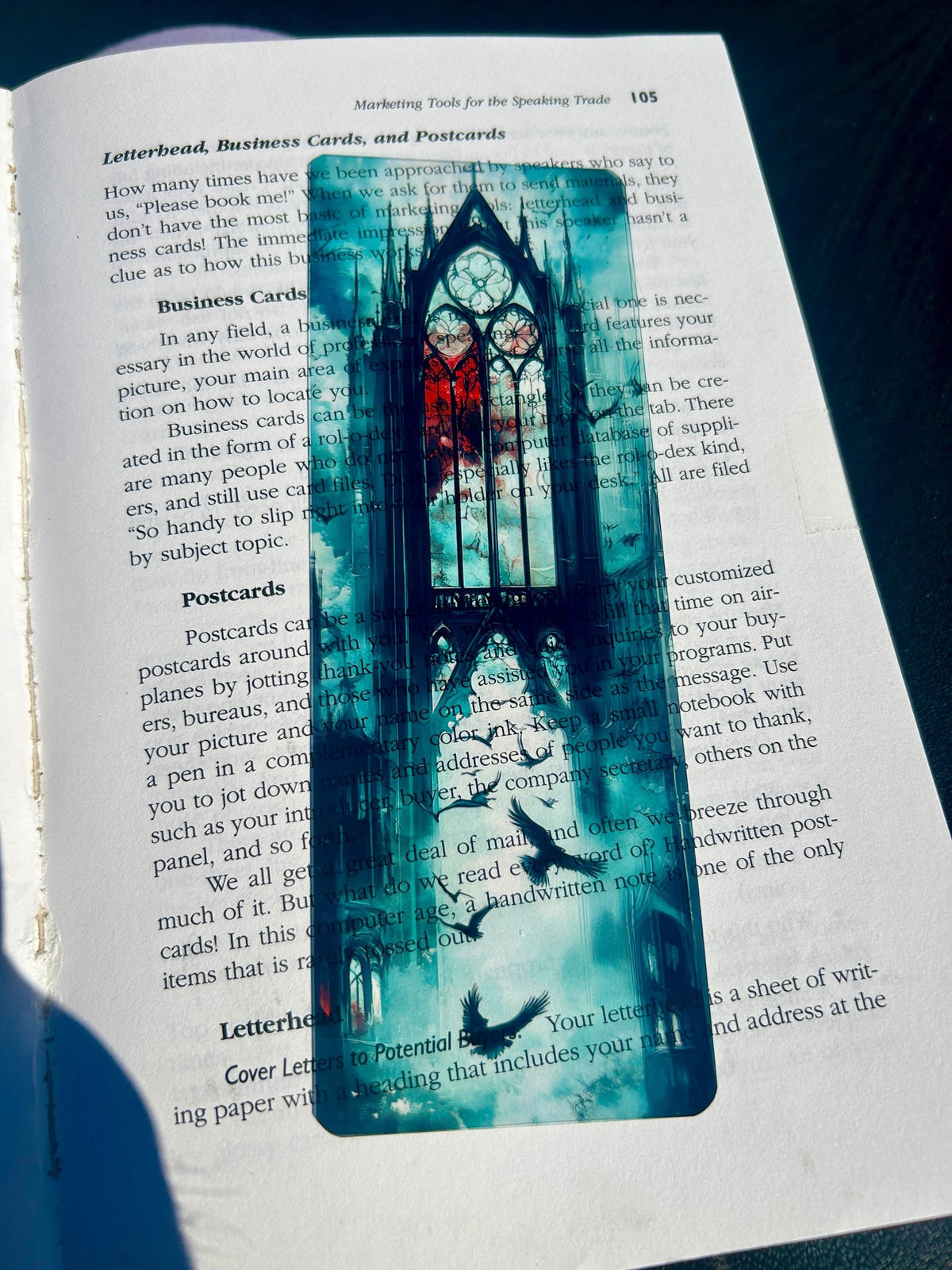 Gothic cathedral and ravens bookmark with stained glass and misty skies | dark fantasy gothic art