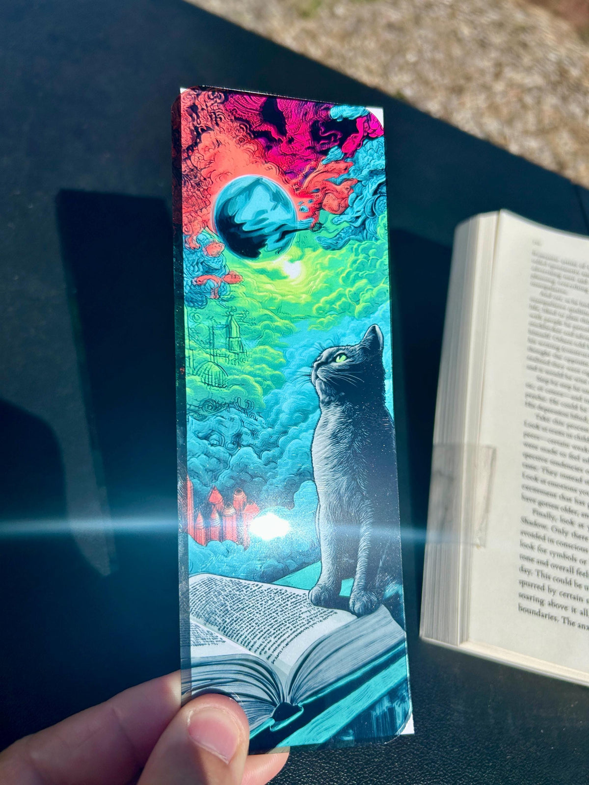 Pharaoh’s Cat Bookmark – Surreal Cosmic Cat Watching the Sky | Trippy Sci-Fi Cloudscape Bookmark for Writers and Dreamers
