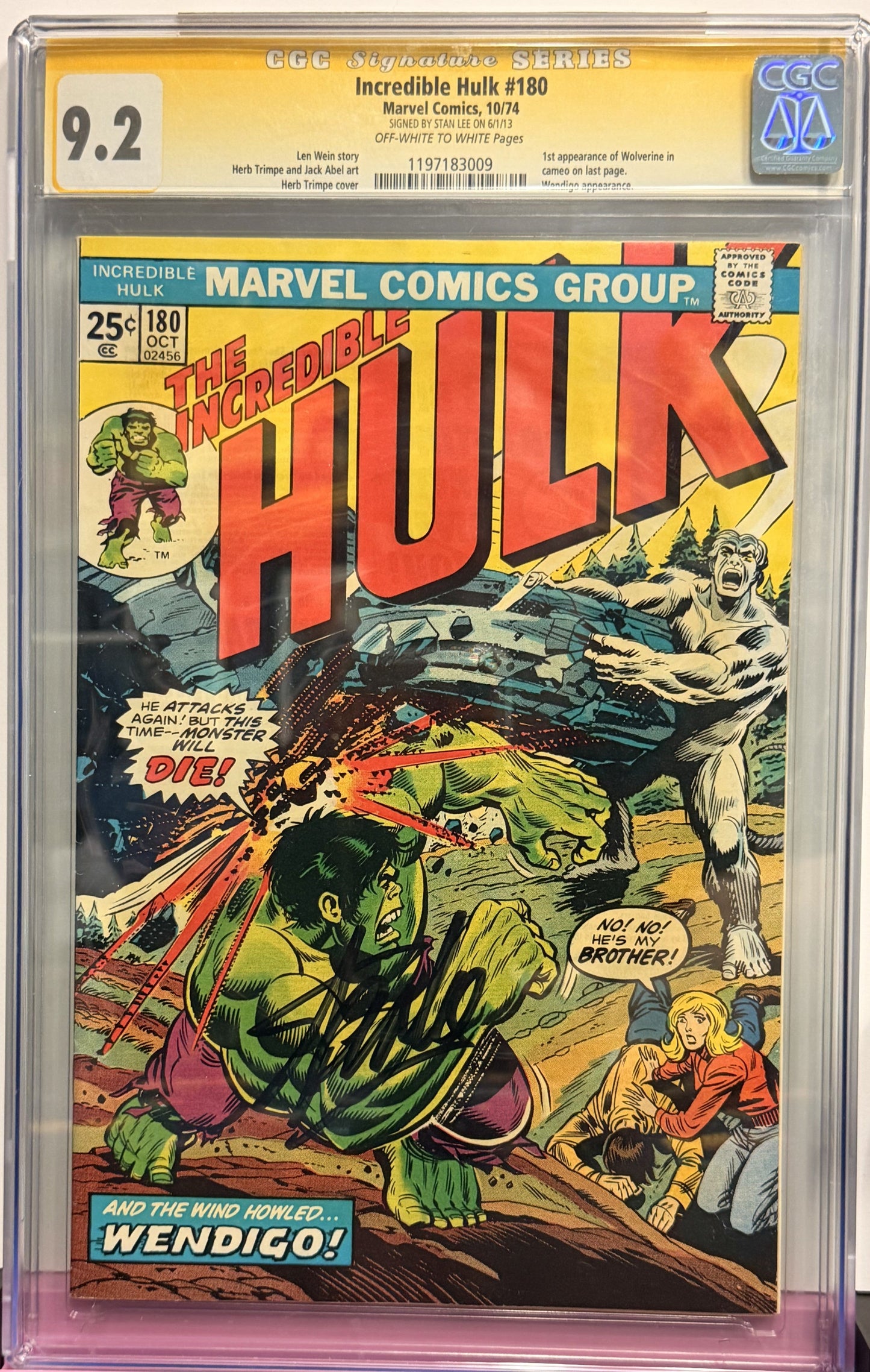 9.8 Signedf Incredible Hulk #180 10/74 Stan Lee Signature